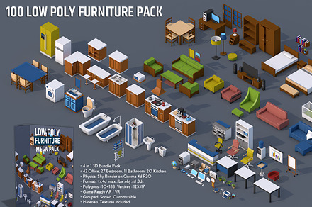100 Low Poly Furniture Pack 4 in 1